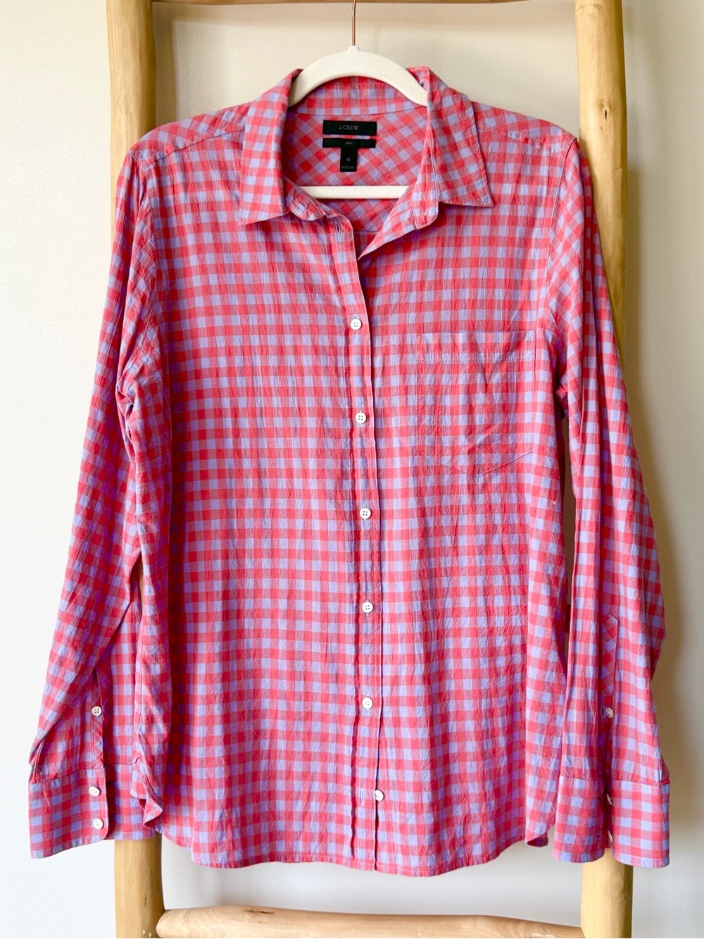 J Crew Women’s Classic Fit Boy Shirt in Crinkle Gingham Cotton Purple Pink 12